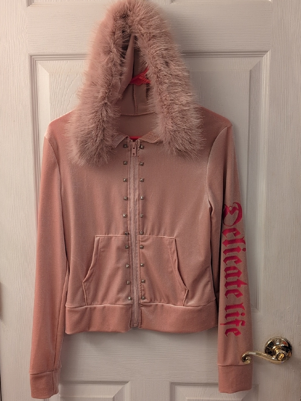 New Pink Fur Studded Hoodie